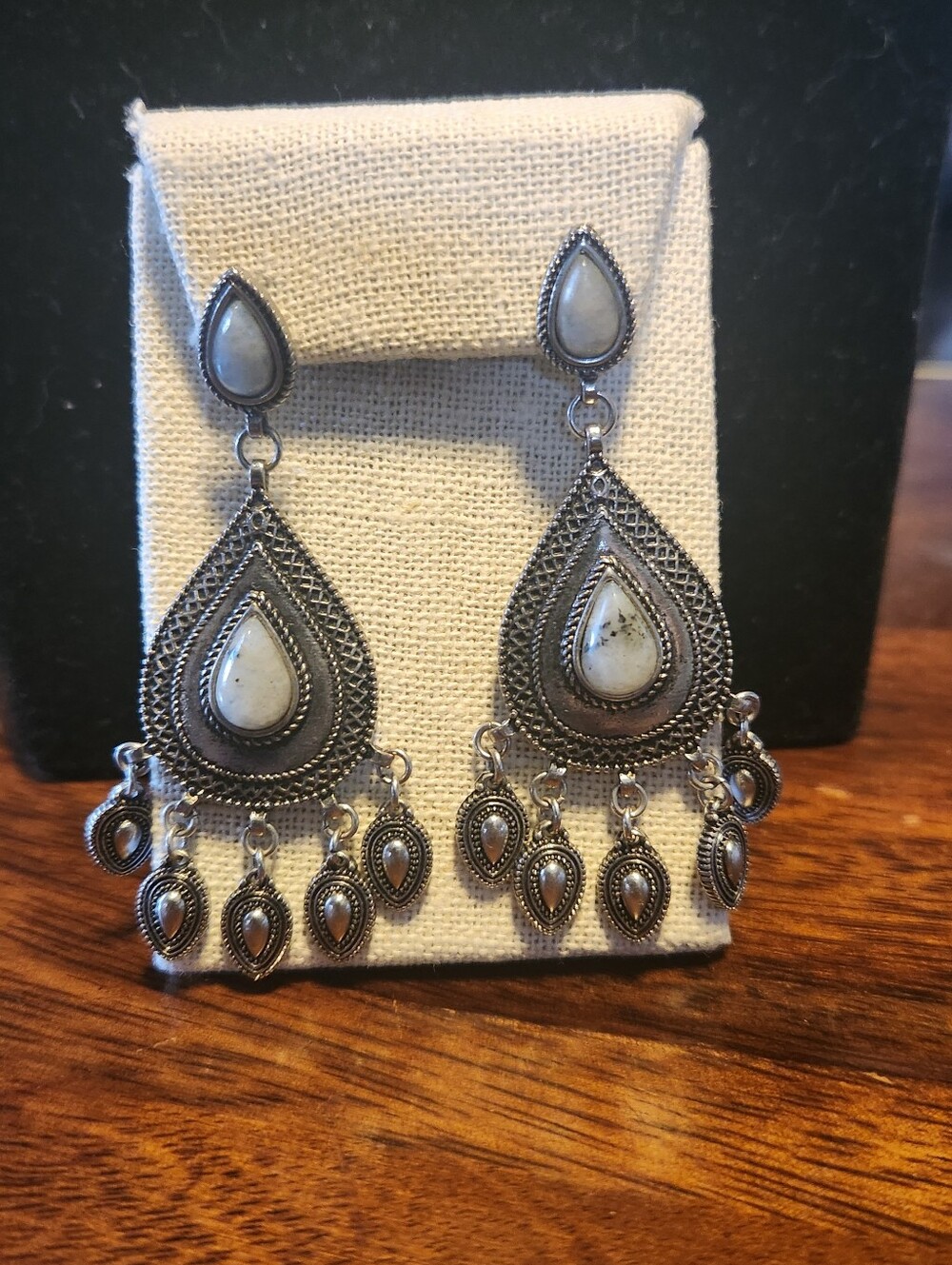 Boho Silver Tone Teardrop Dangle Earrings with White Stone. 3x1"